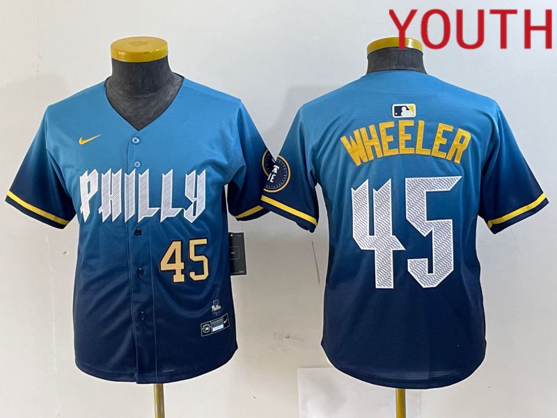 Youth Philadelphia Phillies #45 Wheeler Blue City Edition Nike 2024 MLB Jersey style 3->->Youth Jersey
